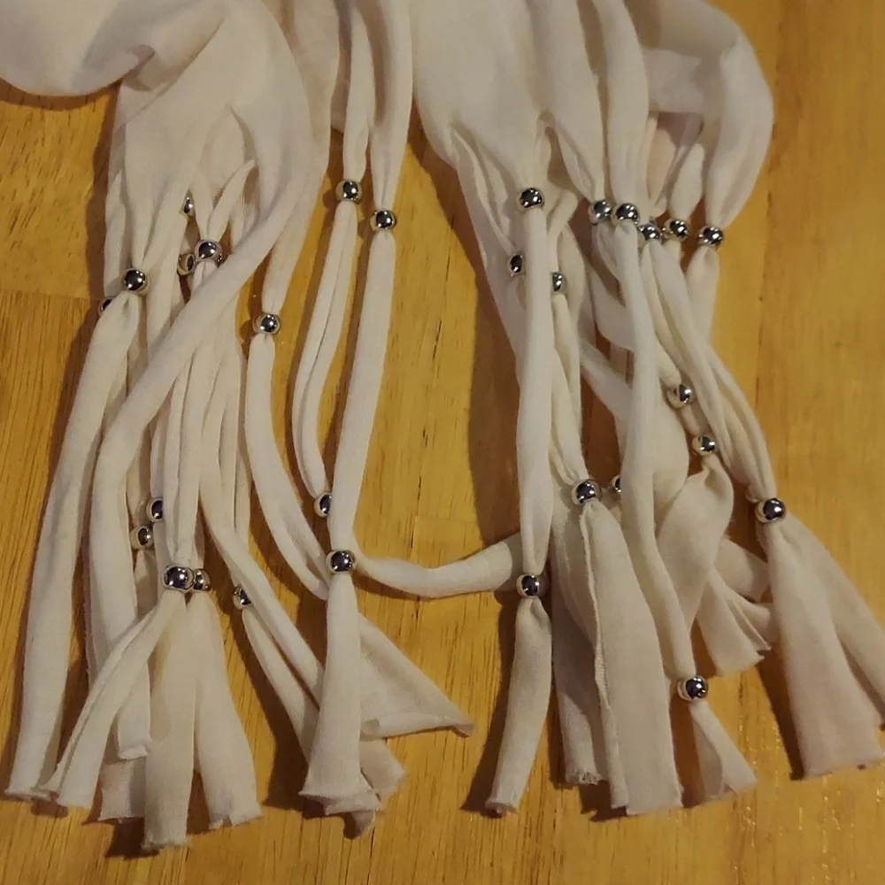 White fabric rope tie belt tassel fringe bead‎